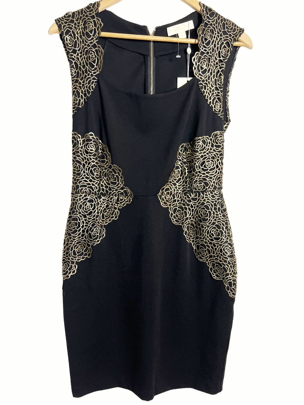 Erin by Erin Fetherston Shelby Black Gold Appliqué Sheath Cocktail Dress Size 4
